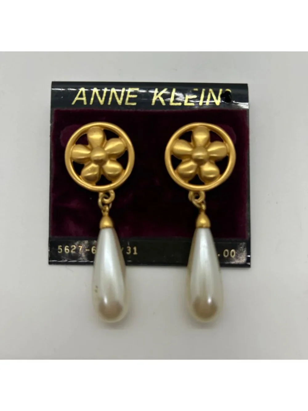 Vintage Anne Klein Gold Tone Flower Round Stud Earrings White Faux Pearl Drops